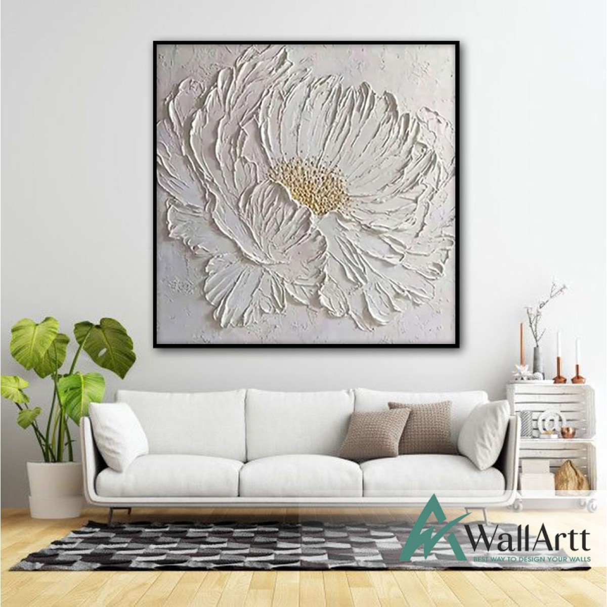 White Flower with Gold Buds II Heavy Textured Partial Oil Painting